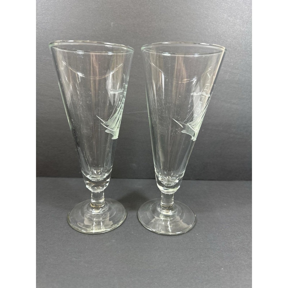 Javit Sailboat Pilsner Beer Glasses Etched‎ Nautical Clipper Schooner Ship 80's - Picture 7 of 9
